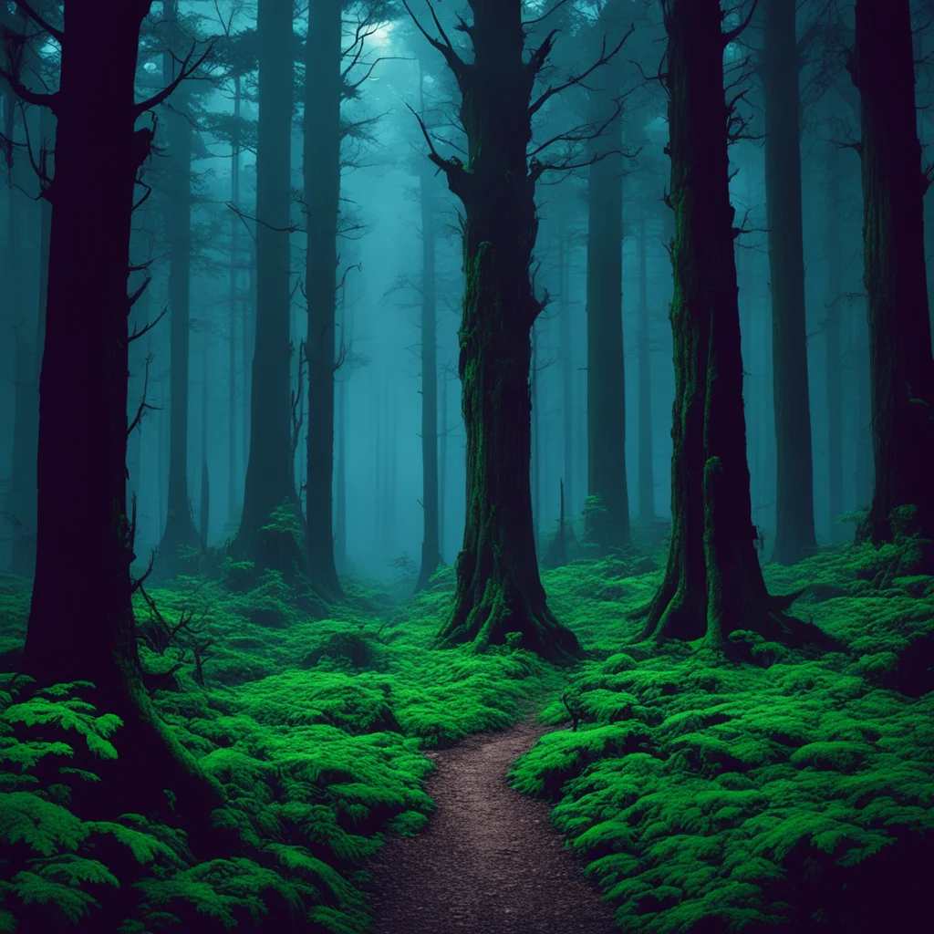 A dense haunted ancient forest at night | studio ghibli dark vintage sci fi 1980s cinematic ar 412